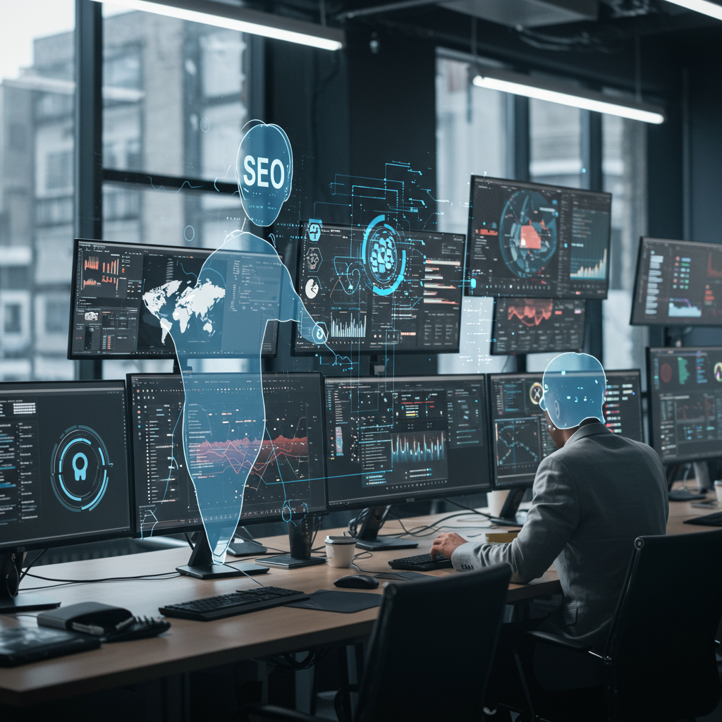 A futuristic office environment where AI agents are analysing data and automating SEO tasks on multiple computer screens, showcasing keyword research, content optimisation, and workflow automation in a high-tech setting.