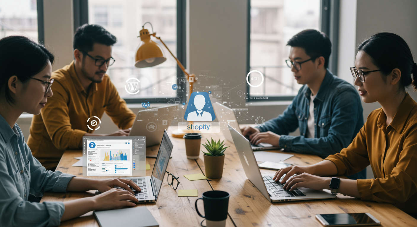 Diverse small business owners and startup entrepreneurs collaborating with AI technology on laptops, integrating WordPress and Shopify platforms in a modern workspace.