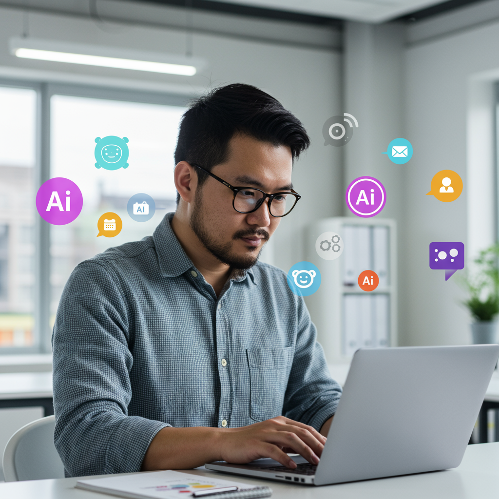 A small business owner using a laptop with AI virtual assistant icons floating around, symbolising no-code AI agents automating tasks in a modern office environment
