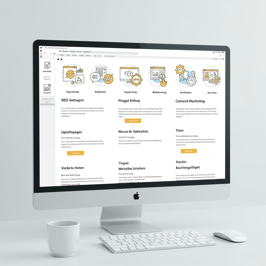 A step-by-step WordPress onboarding plugin interface showing SEO setup and content creation guidance on a computer screen, with icons representing SEO and content marketing