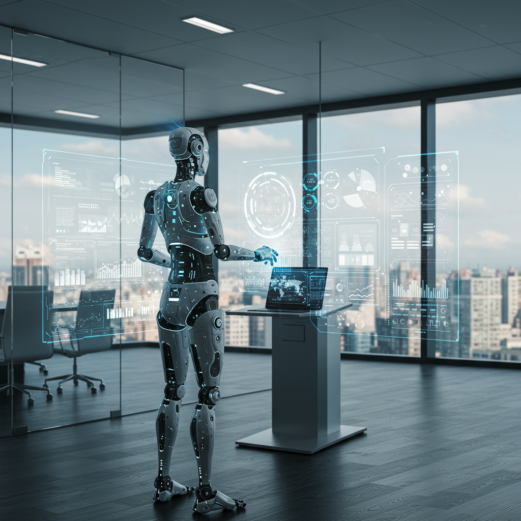 An AI virtual employee analysing compliance documents and monitoring regulatory changes in real-time for a small or medium-sized enterprise, futuristic and professional setting