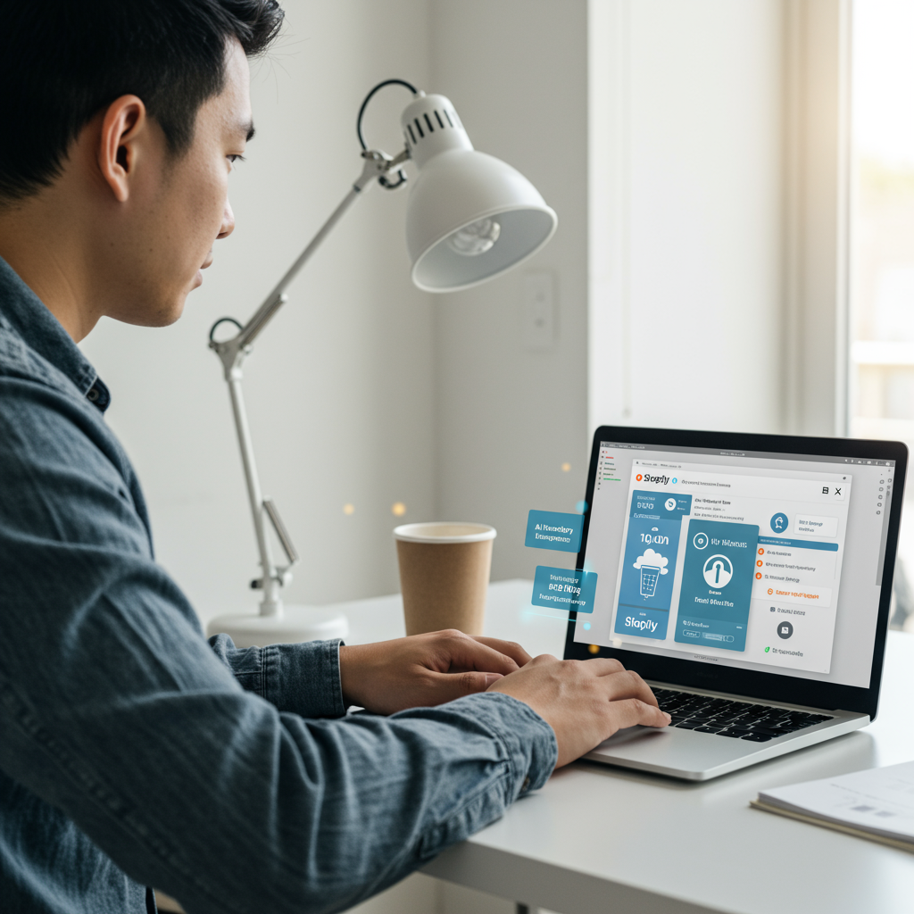 A small business owner using AI virtual employees on a laptop to automate inventory management, with Shopify and WordPress logos visible, modern office setting, bright and professional atmosphere