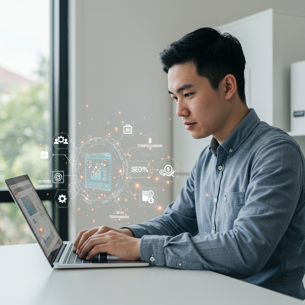 A small business owner using AI content automation tools on a laptop, surrounded by icons representing keyword research, content creation, and SEO optimisation, in a modern office setting