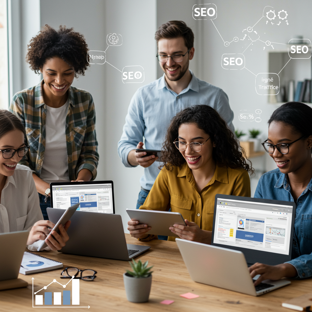 Small business owners working on laptops and tablets in a modern office, setting up WordPress websites with SEO and organic traffic growth icons in the background.