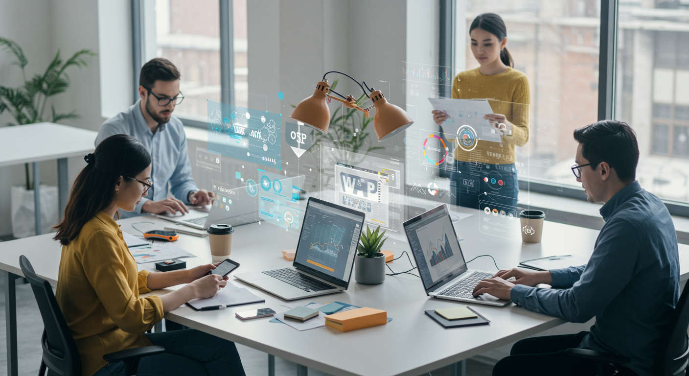 Modern small business office with diverse professionals using laptops and digital devices, symbolising AI automation and WordPress plugin technology for growth and efficiency