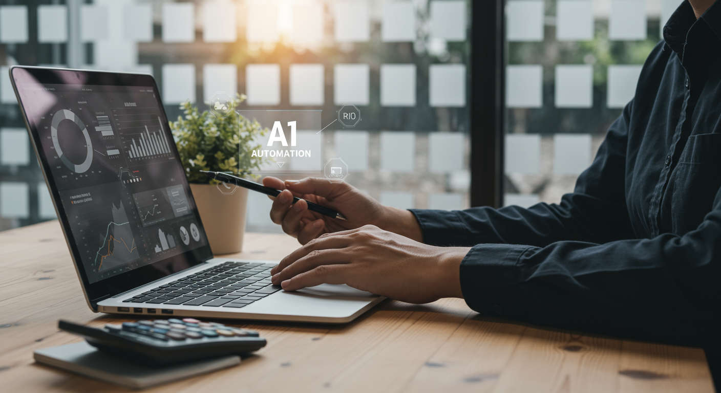 Small business owner analysing AI automation ROI on a laptop, with charts and graphs on screen, modern office background, professional and optimistic atmosphere
