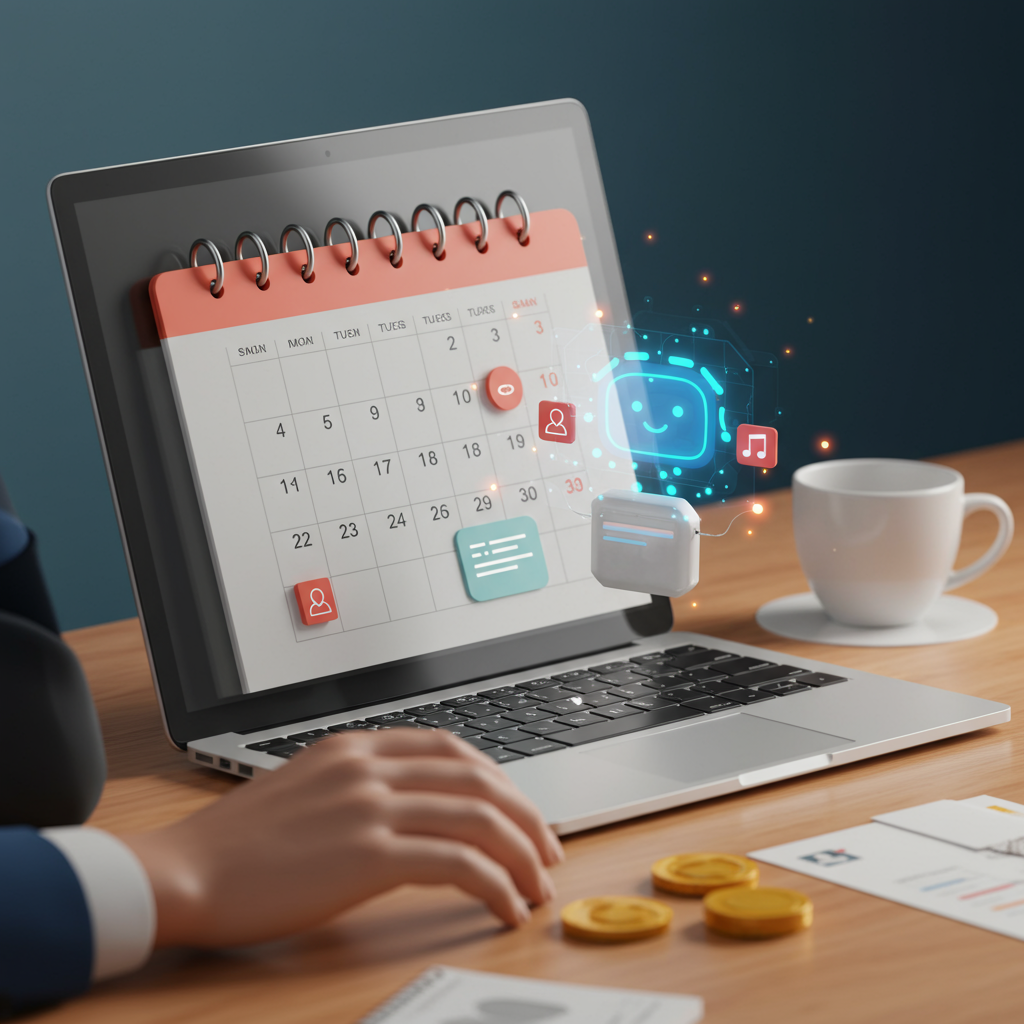 An AI virtual assistant managing appointments and internal tasks on a digital calendar with notifications, illustrating AI automation for scheduling and task management in small businesses