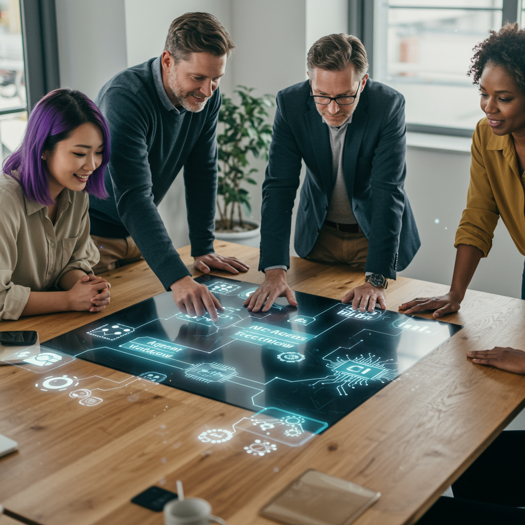 A diverse group of people collaborating around a table with digital workflow diagrams and AI technology icons, representing the process of defining AI agent workflows and automating business tasks
