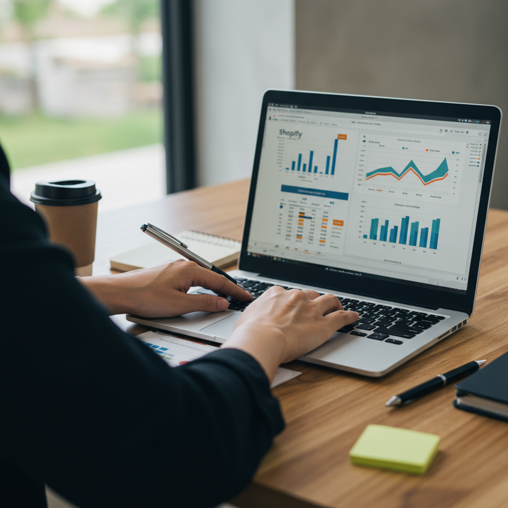 A small business owner organising and updating a Shopify product catalogue on a laptop, with charts and inventory lists visible on the screen, in a bright and modern office environment