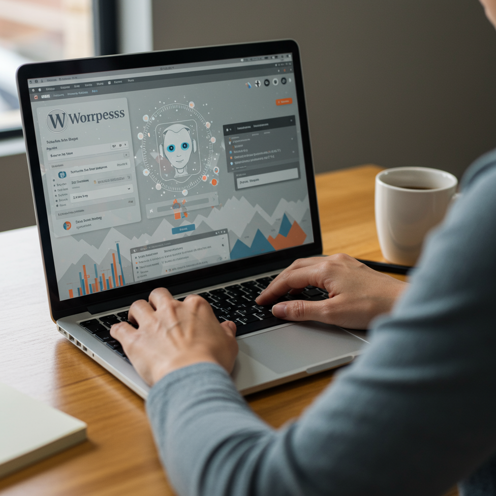 A small business owner using a laptop with a WordPress dashboard open, showing an easy-to-use AI plugin interface, symbolising seamless onboarding and no-code setup for AI agents in SMEs