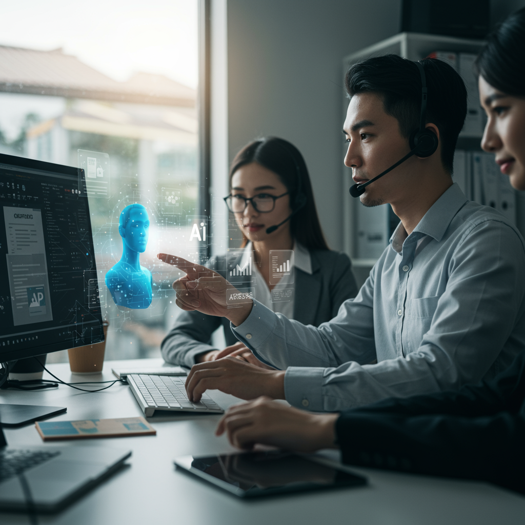 Small business team in a modern office using AI technology for customer service and compliance automation