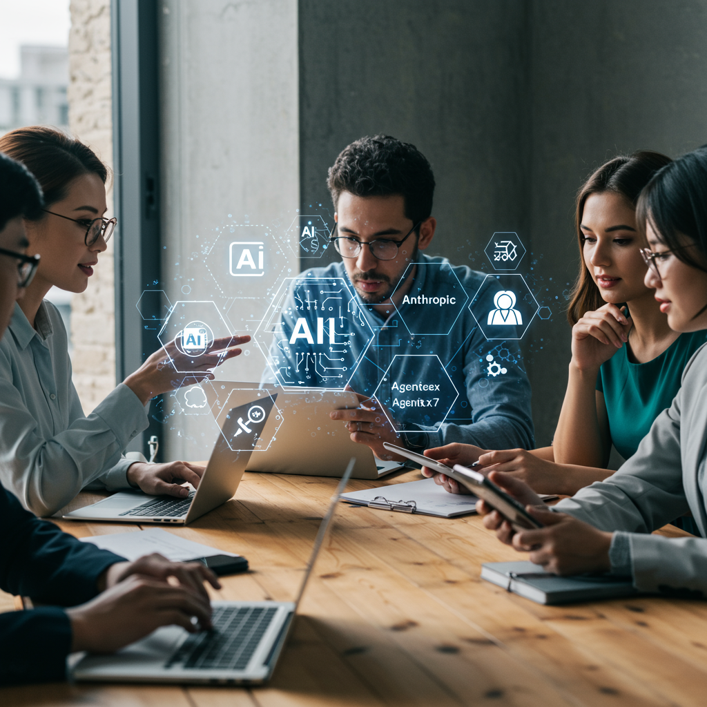 Small and medium-sized business owners discussing AI technology with digital AI service icons in a modern office setting