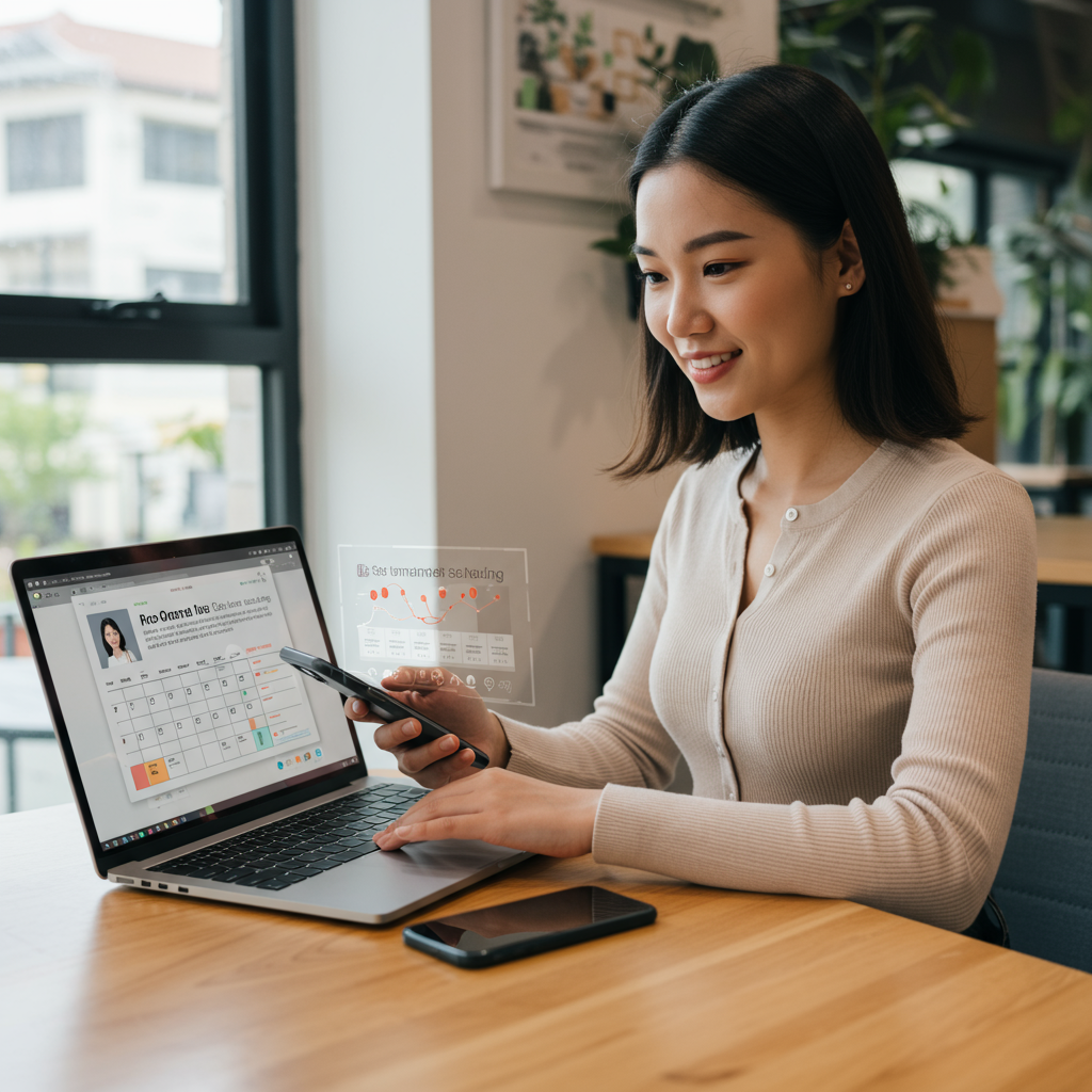 A small business owner using a laptop and smartphone to automate appointment scheduling with no-code AI tools, showing ease of use and accessibility in a modern office setting