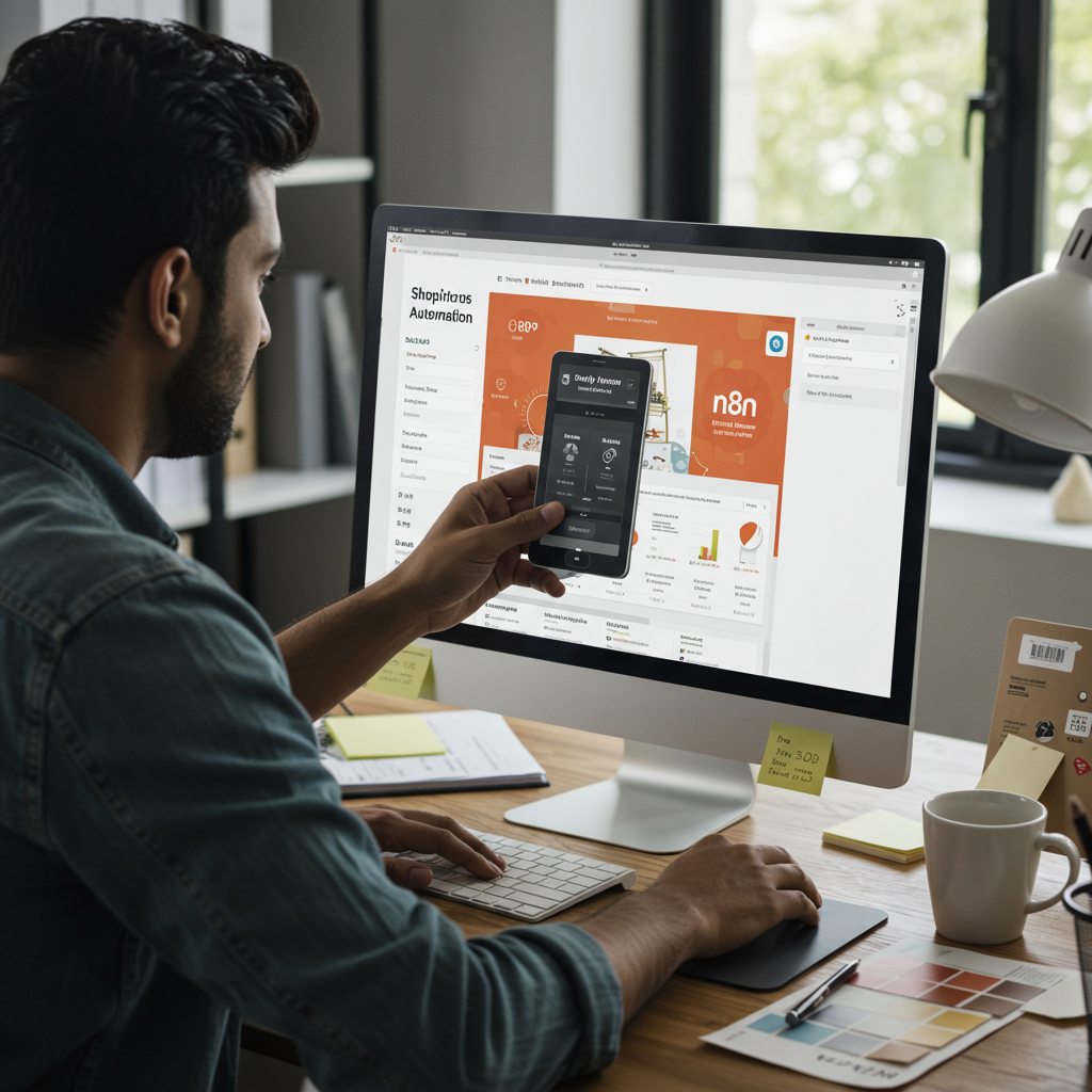 An ecommerce SME owner managing Shopify integration with n8n automation on a computer screen, showing online store elements like orders, inventory, and customer engagement in a small business setting