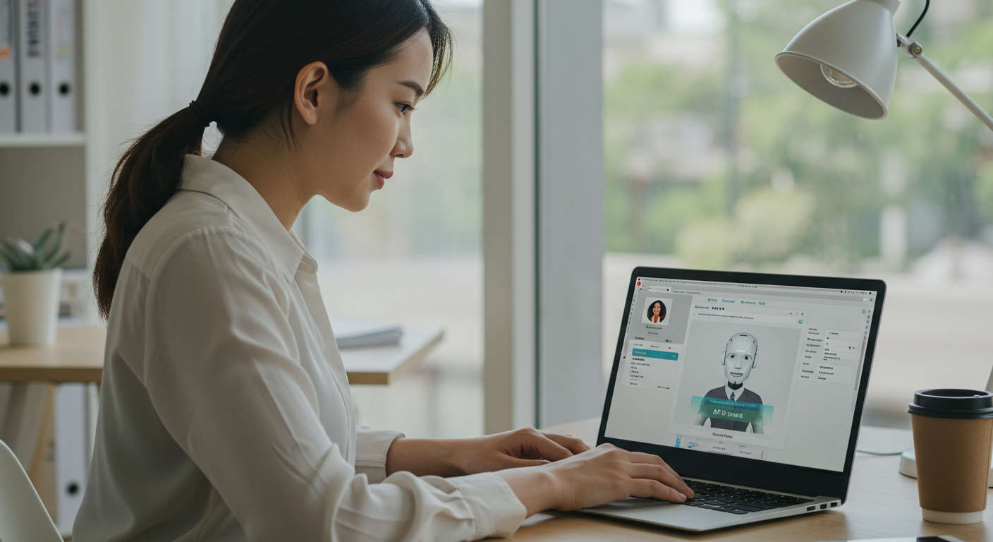 Small business owner using AI virtual employee on a laptop to automate SEO blog posts, WordPress interface visible, modern office background