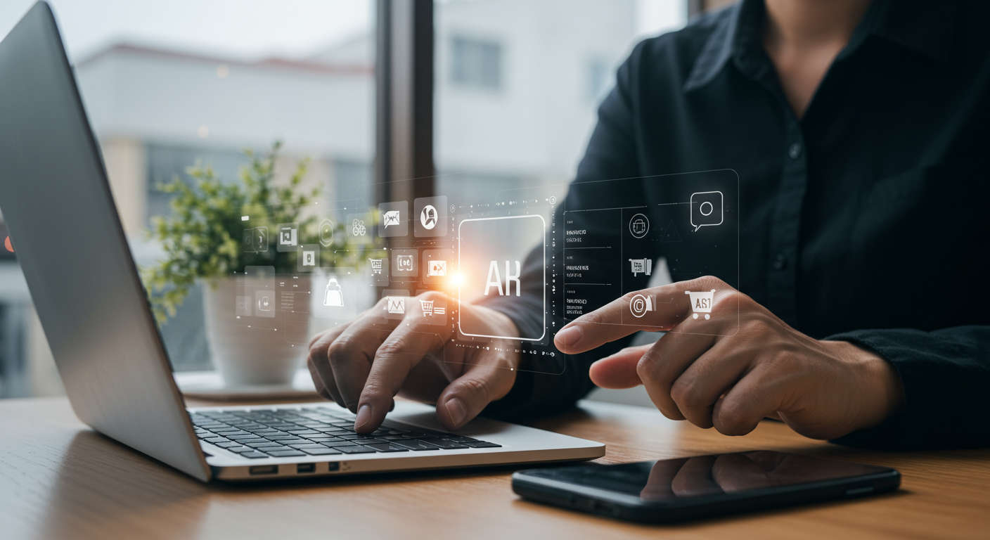 Small business owner using AI automation tools on WordPress and Shopify platforms with ecommerce products, customer engagement, and inventory management in the background