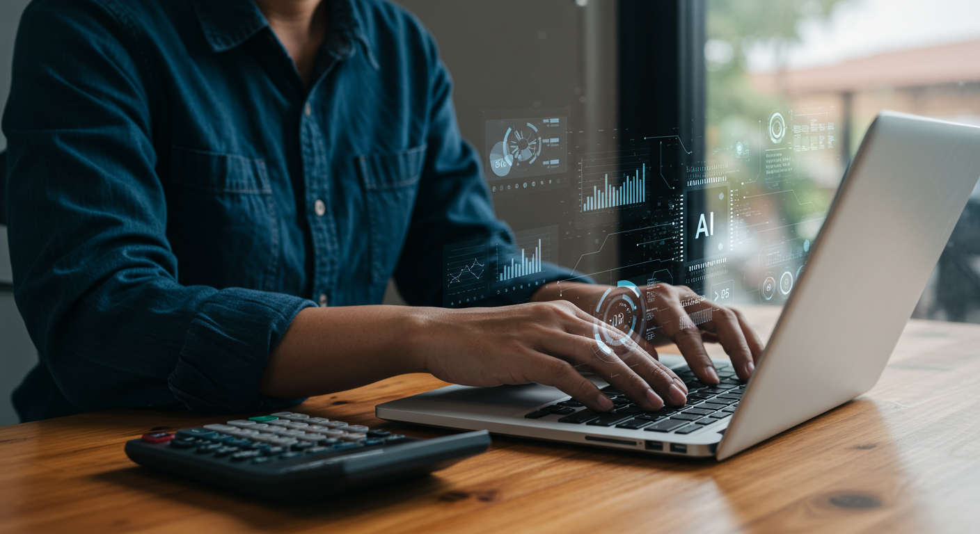 Small business owner using AI technology on laptop with digital data visuals representing automated competitor research and business growth