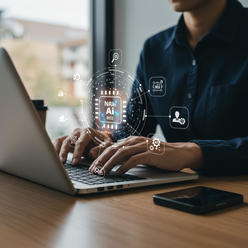 A small business owner using no-code AI automation tools on a laptop, surrounded by icons representing workflow automation, AI virtual employees, and productivity enhancement in a modern office setting