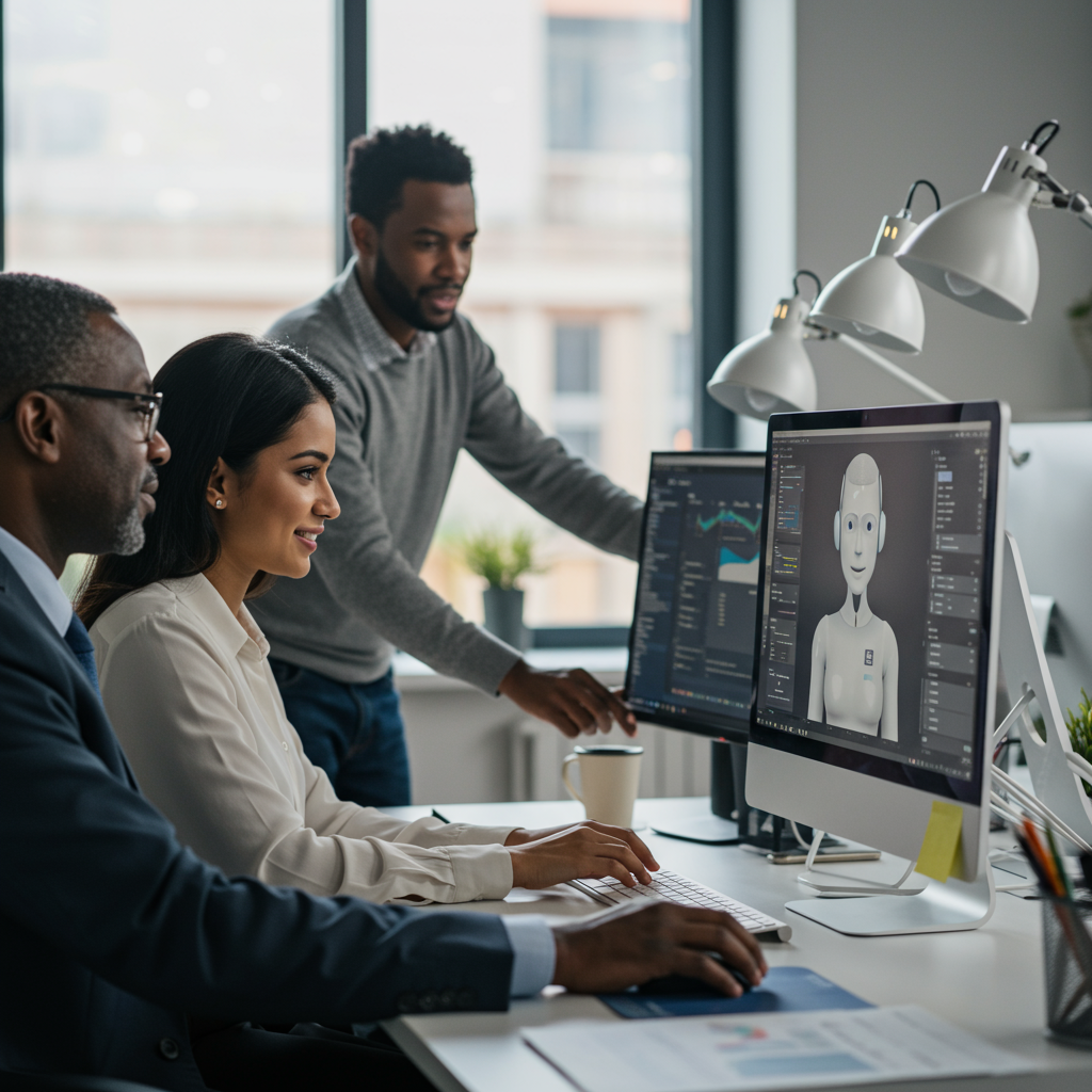 A modern small to medium enterprise office with diverse business owners using AI virtual employee software on computers, showcasing ease of use and automation in a friendly, collaborative environment