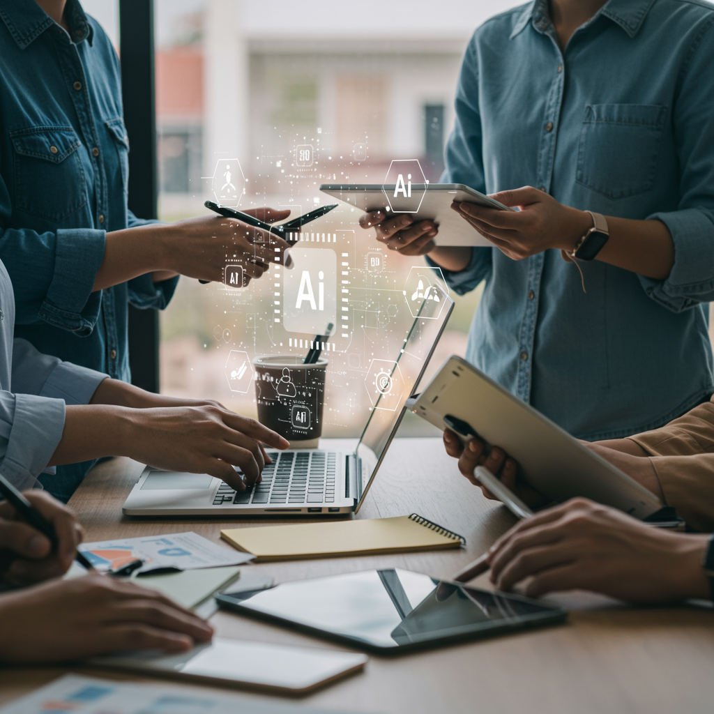 Diverse small business owners using AI technology on digital devices in a modern office, symbolising growth and innovation through AI content automation and SEO optimisation