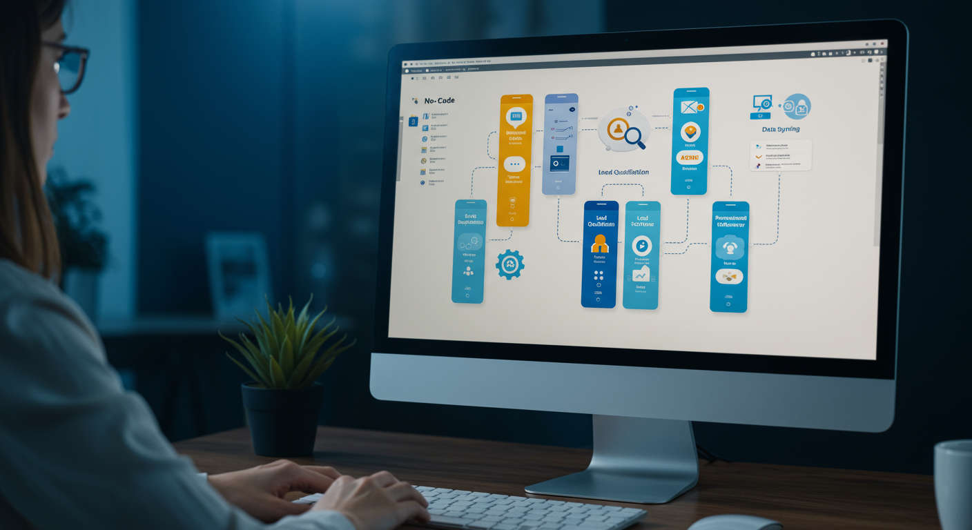 No-code AI automation workflow on a computer screen, showing drag-and-drop interface with icons for data syncing, lead qualification, and personalised follow-ups