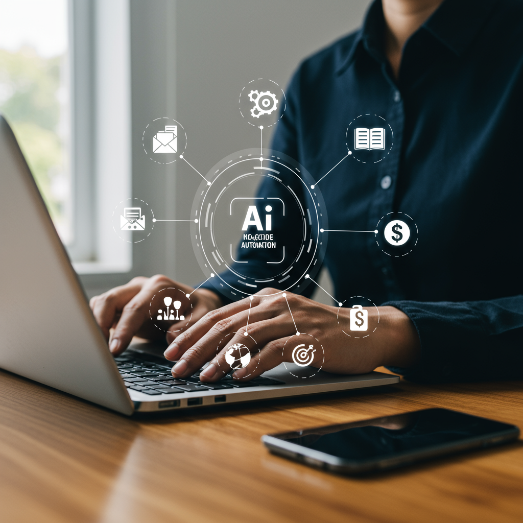 Small business owner using no-code AI automation tools with marketing icons around