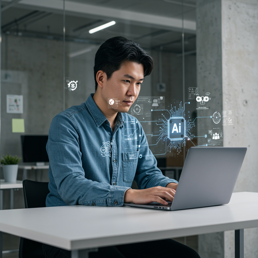A small business owner using AI workflow automation on a laptop, surrounded by icons representing sales, marketing, compliance, and customer service tasks, in a modern office setting