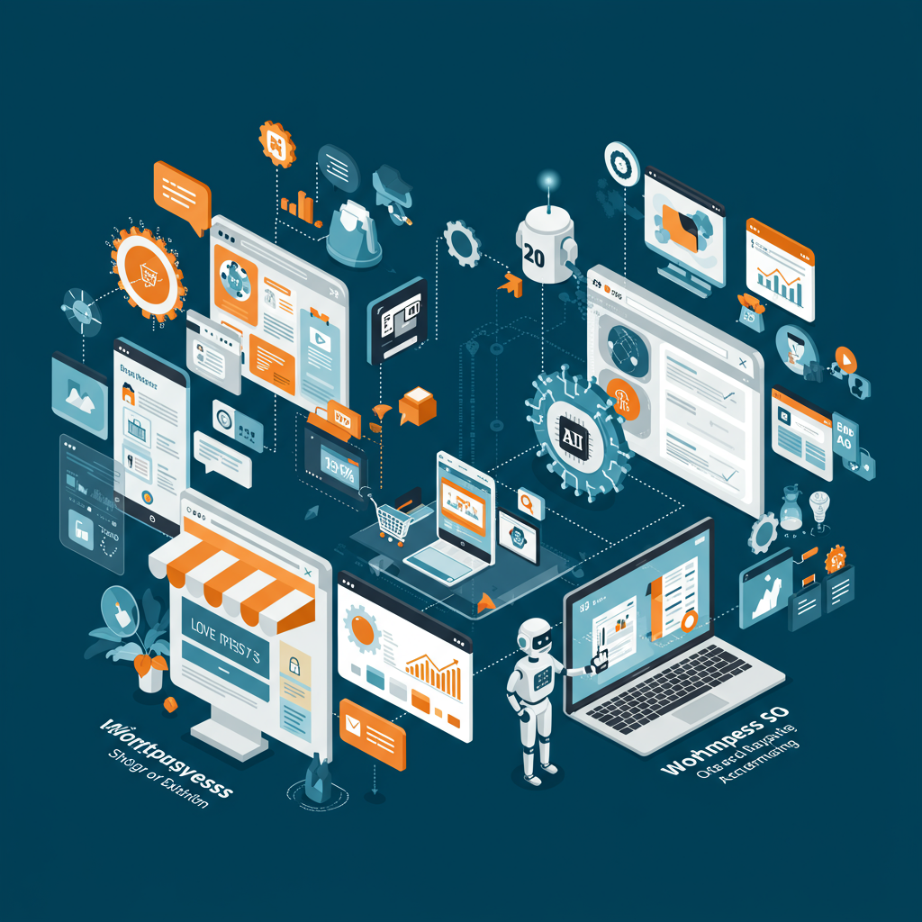 Integration of AI SEO automation tools with WordPress and Shopify platforms, showing e-commerce and blog elements with seamless connectivity and automation visuals