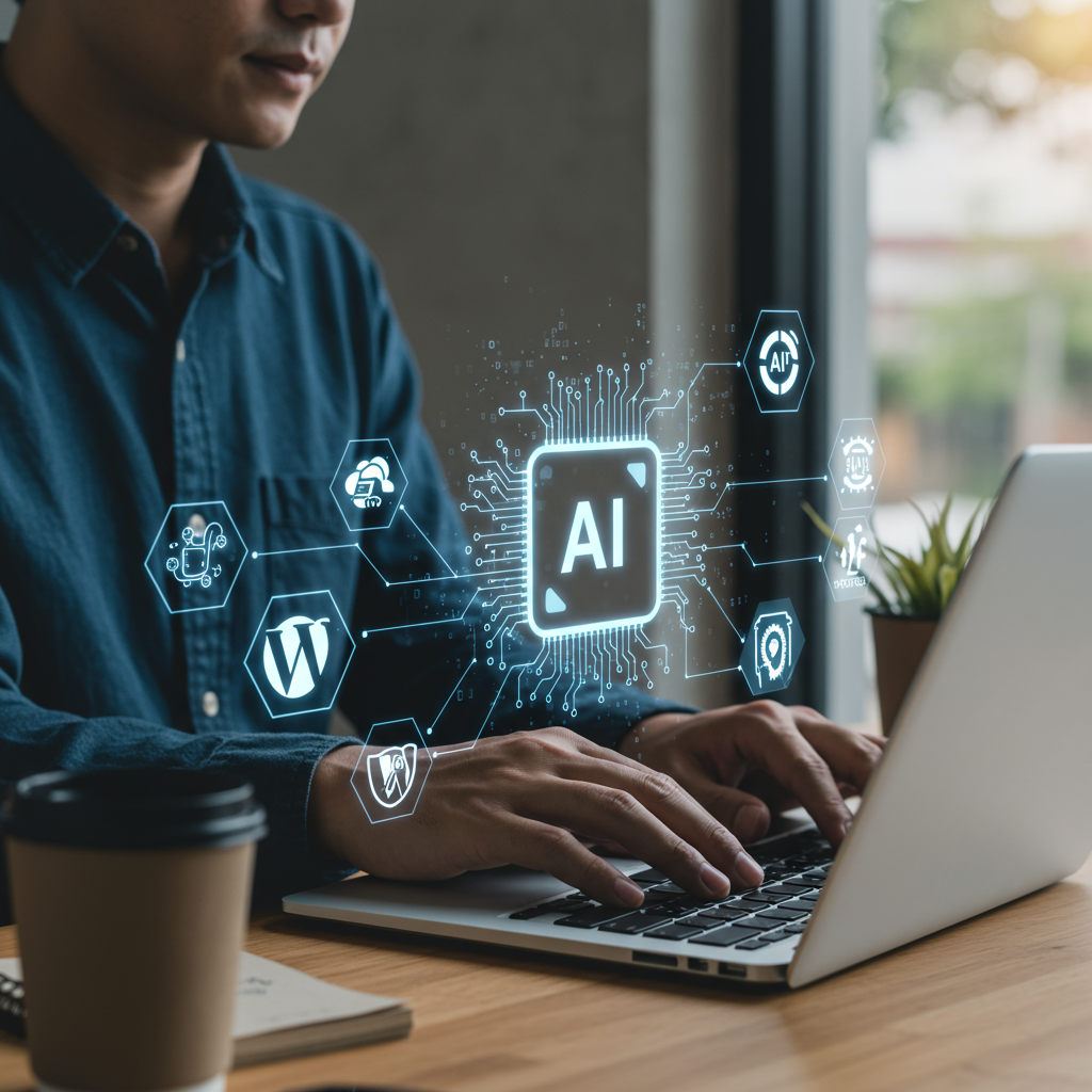 Small business owner working on a laptop with AI technology icons and WordPress logo, symbolising AI content automation and seamless integration for SMEs