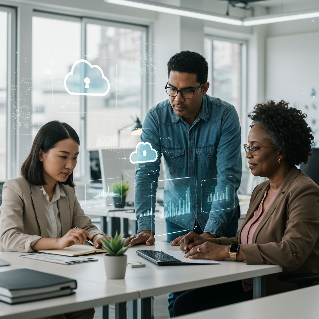 A diverse team of small business professionals collaborating with AI-driven tools on compliance automation, showing digital data streams and secure cloud integration in a bright office environment