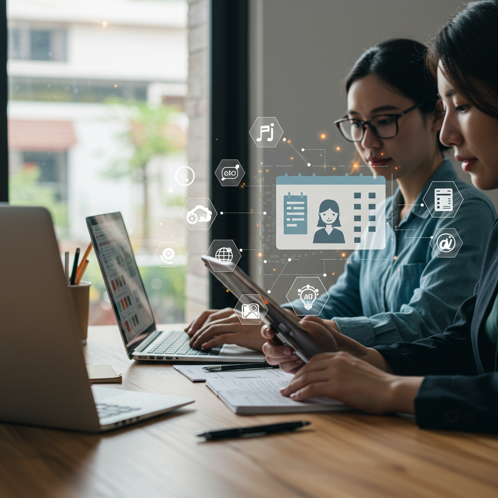 Diverse small business team using AI automation tools for appointment scheduling with digital calendars and virtual assistant icons, integrating WordPress and Shopify.