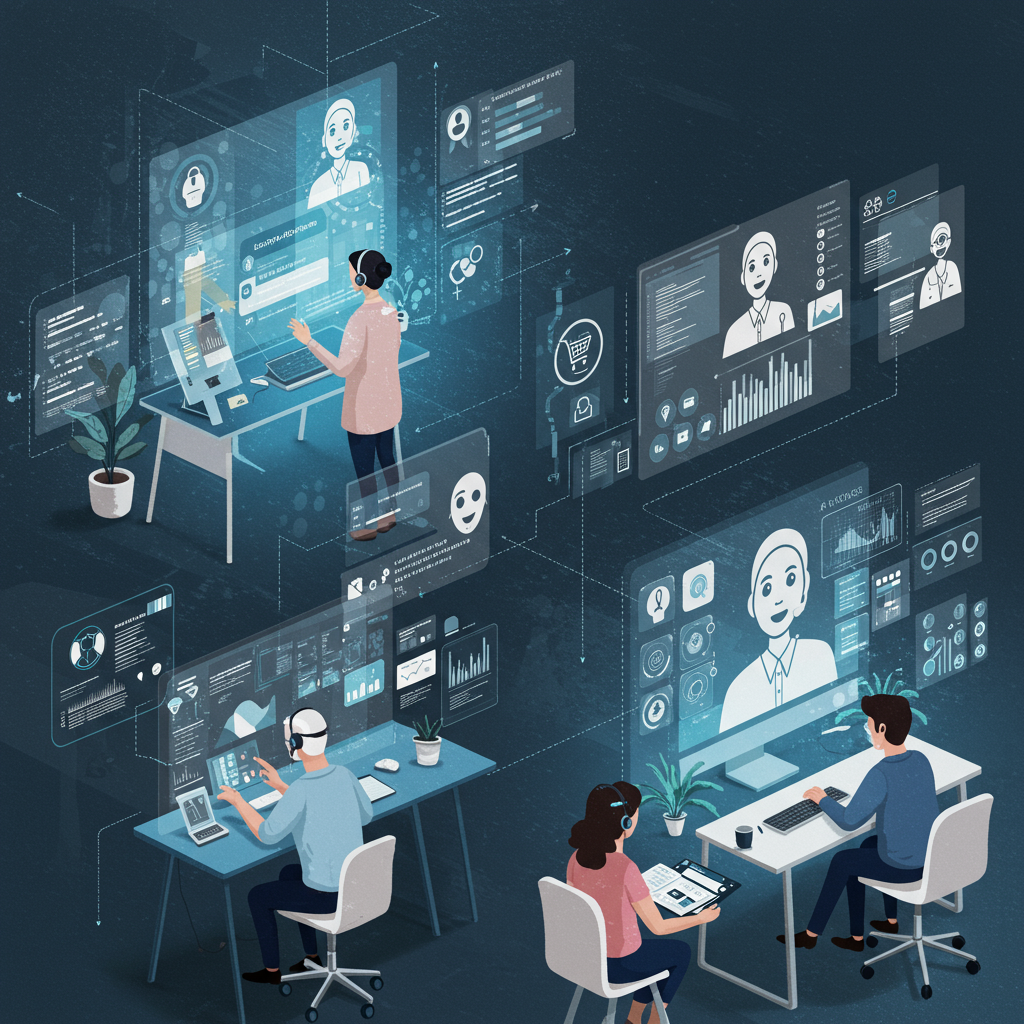 Futuristic e-commerce workspace with AI agents managing customer support, inventory, and marketing automation in a modern office environment