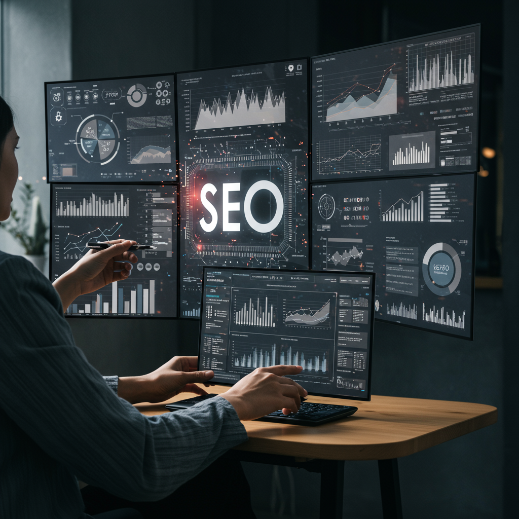 Business person analysing SEO data on multiple screens with AI elements and digital graphs, representing tailored AI content creation and SEO optimisation for small businesses.