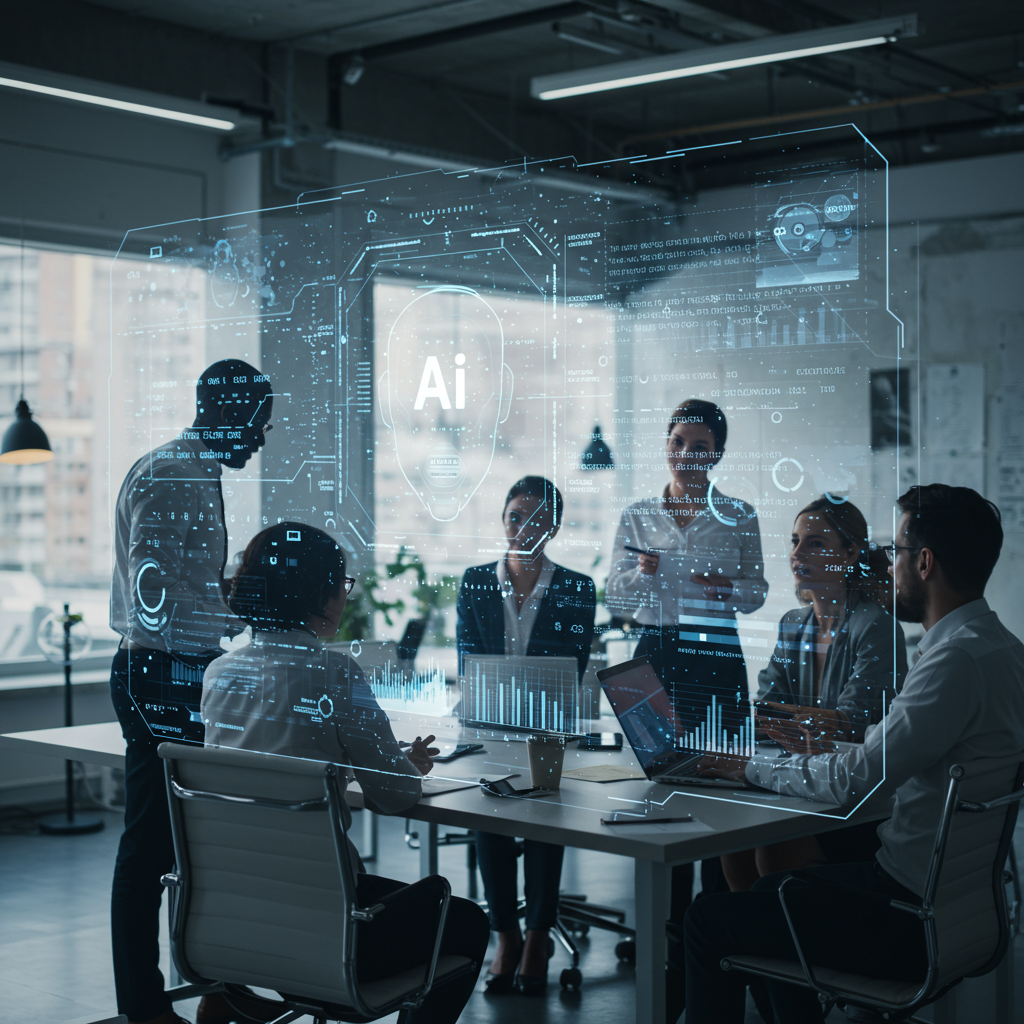 A futuristic AI assistant helping a business team with content creation, showing a blend of text and image processing, symbolising versatile AI capabilities for business use.