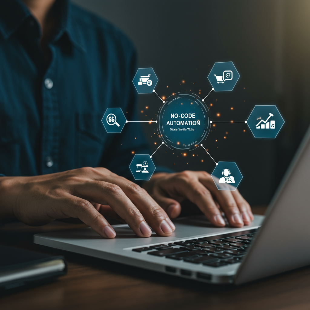 A small business owner using a no-code AI automation platform integrating Shopify and WordPress on a laptop, showing plugins installation and workflow automation with icons representing sales, marketing, customer service, and inventory management.