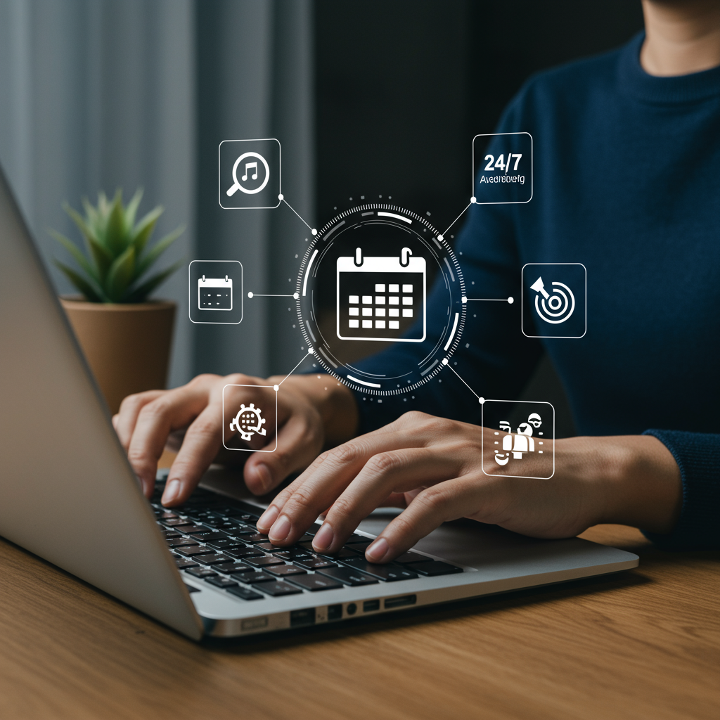 A small business owner using a no-code AI automation platform on a laptop, with icons representing calendar syncing, automated reminders, and 24/7 availability in a modern office setting