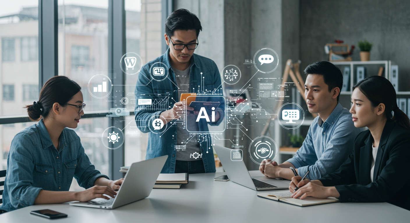 Diverse small business owners and startup entrepreneurs collaborating with AI technology and digital marketing tools in a modern office, symbolising AI content automation and growth for SMBs.