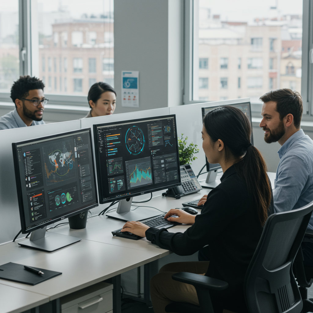 A small business office with diverse employees using AI-driven compliance automation tools on computers, showing a modern and efficient work environment