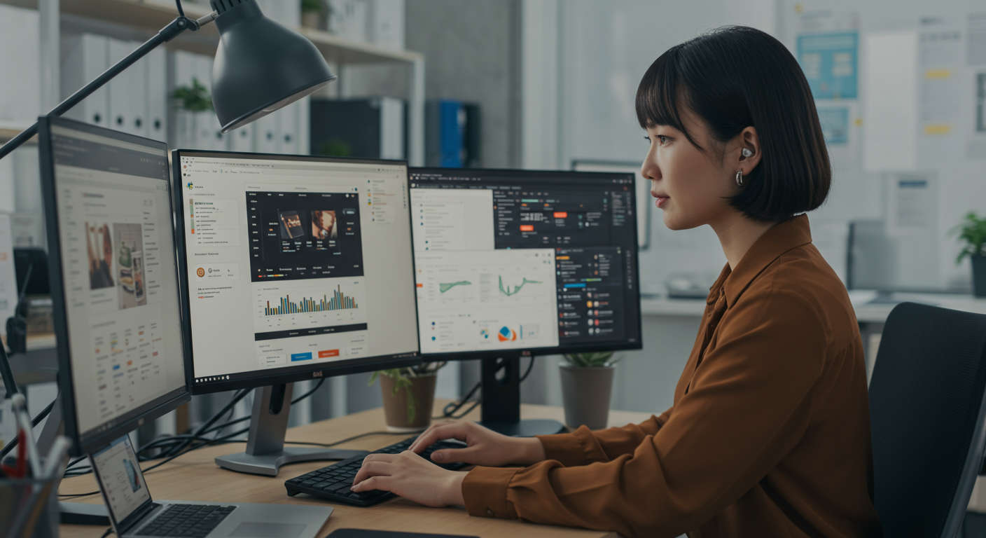 Ecommerce store owner managing Shopify and WordPress plugins with AI automation, increasing organic traffic and sales, vibrant online retail environment