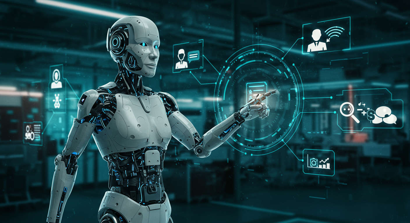 AI virtual employee concept with digital assistant icons performing multiple tasks autonomously, futuristic technology background, business workflow optimisation theme