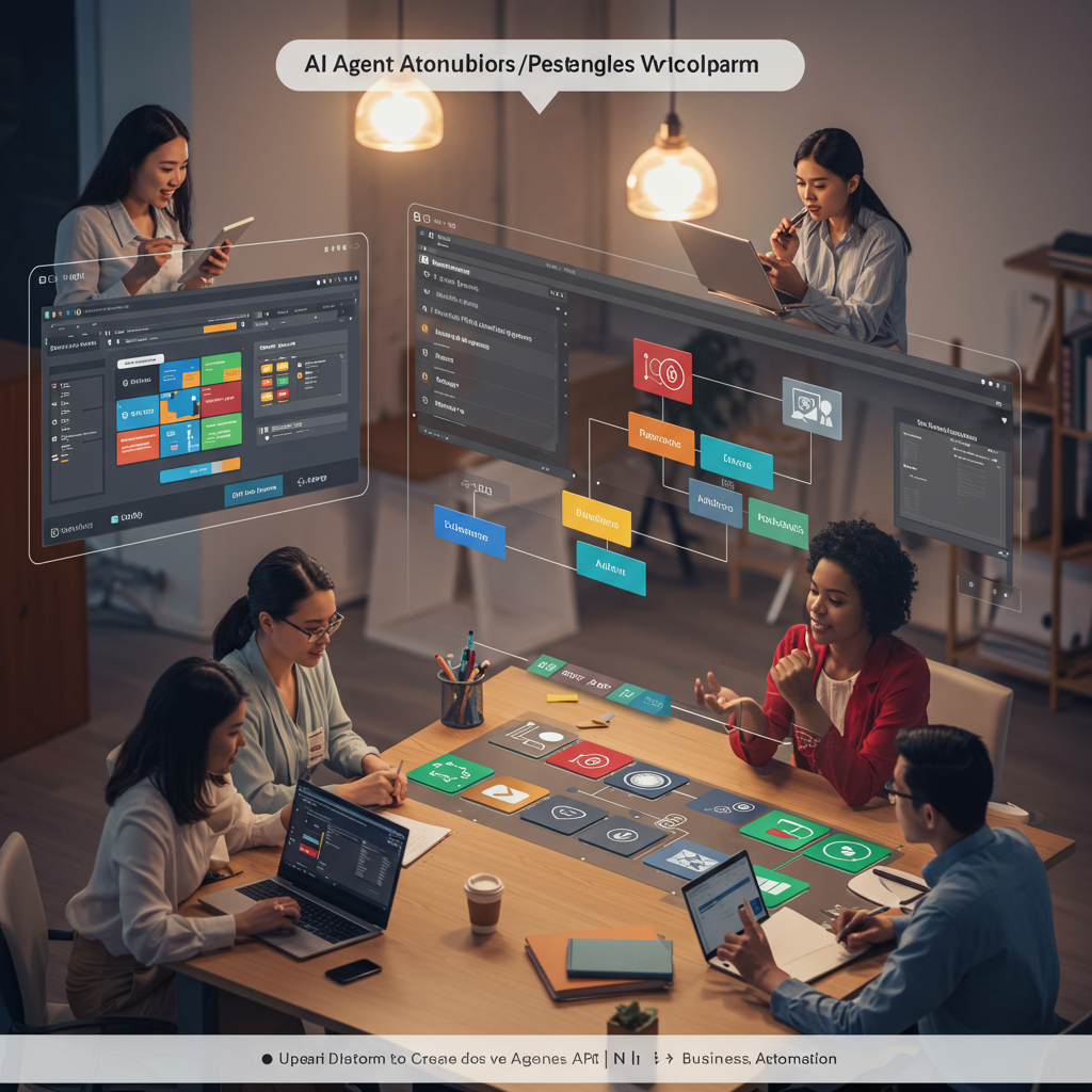 A user-friendly AI agent platform interface showing no-code building blocks and API integrations, with diverse users collaborating on creating autonomous AI agents for business automation.