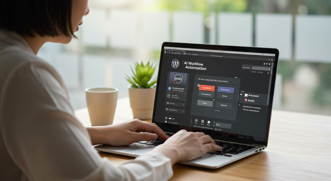 Small business owner using AI workflow automation on a laptop with WordPress and Shopify logos visible, showing seamless integration and productivity enhancement