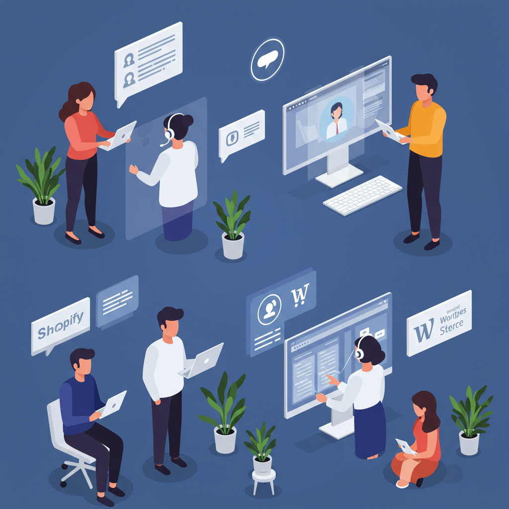Diverse SME owners engaging with AI virtual employees on digital devices, illustrating customer service automation with Shopify and WordPress integration in a modern business setting.