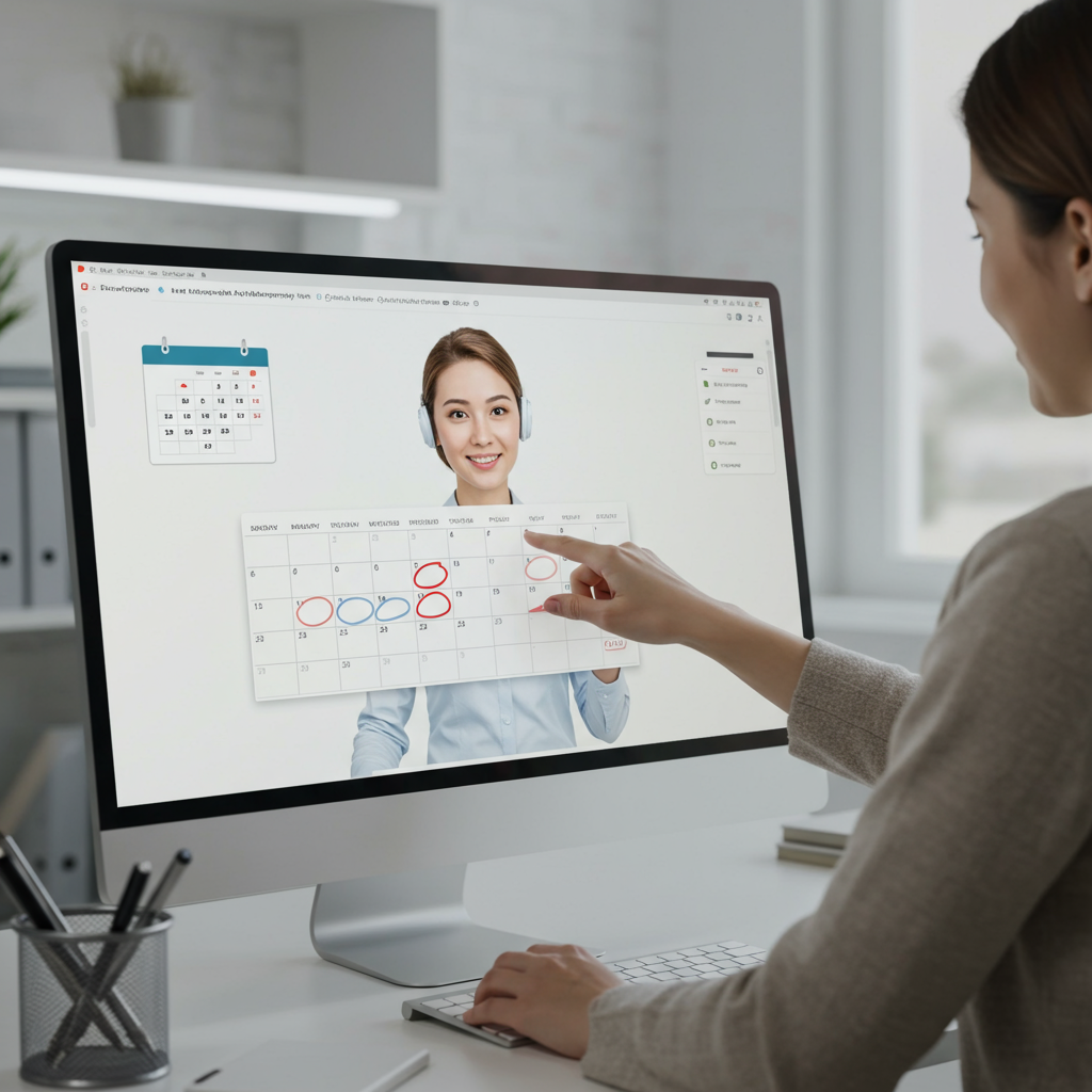 A friendly AI virtual employee assisting a small business owner with appointment scheduling on a computer screen, showing a calendar and clock icons, modern office background