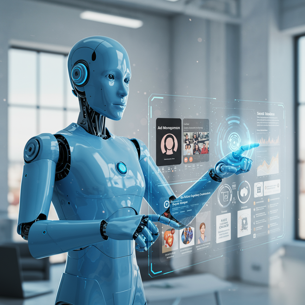 An AI virtual employee working on marketing tasks, showing automation of campaign creation, ad management, personalised customer engagement, and content production for small businesses