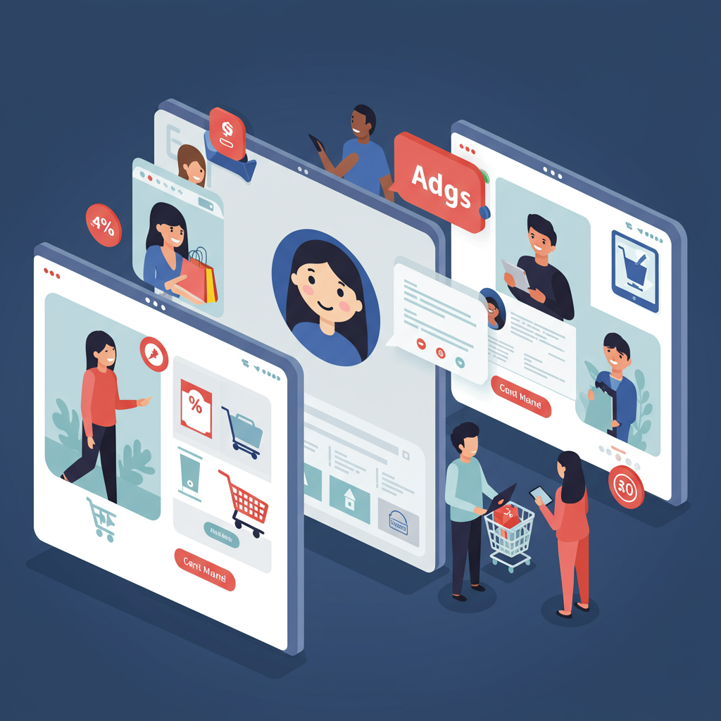 An AI virtual shopping assistant helping customers with personalised product recommendations and reducing cart abandonment on an e-commerce platform, with happy customers and increased sales visuals