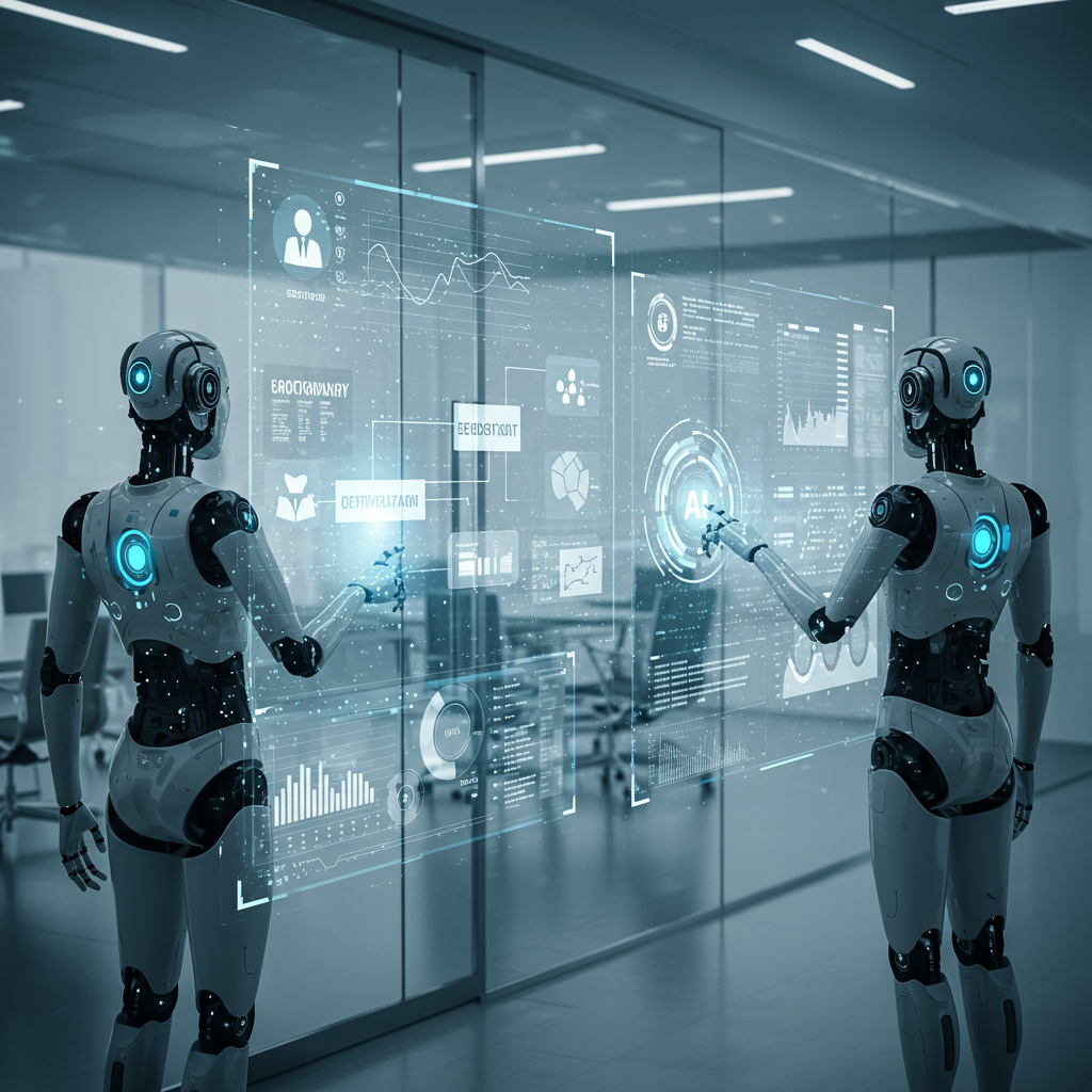 A futuristic business setting illustrating AI agents managing workflow automation and SEO optimisation for SMEs, with digital elements symbolising growth, efficiency, and compliance