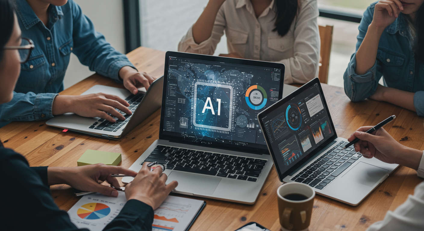 Small business owners and startup founders collaborating with AI technology on competitor research and digital marketing in a modern office environment