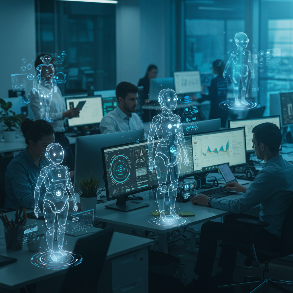 A busy SME office environment with AI agents represented as digital assistants collaborating on workflow automation tasks like sales, marketing, and customer service, illustrating efficiency and teamwork