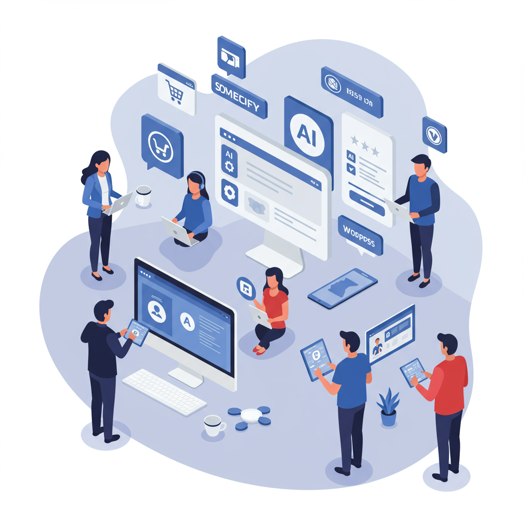 Small business owners using AI virtual employees on digital devices for customer service automation with Shopify and WordPress platforms in a modern, professional setting